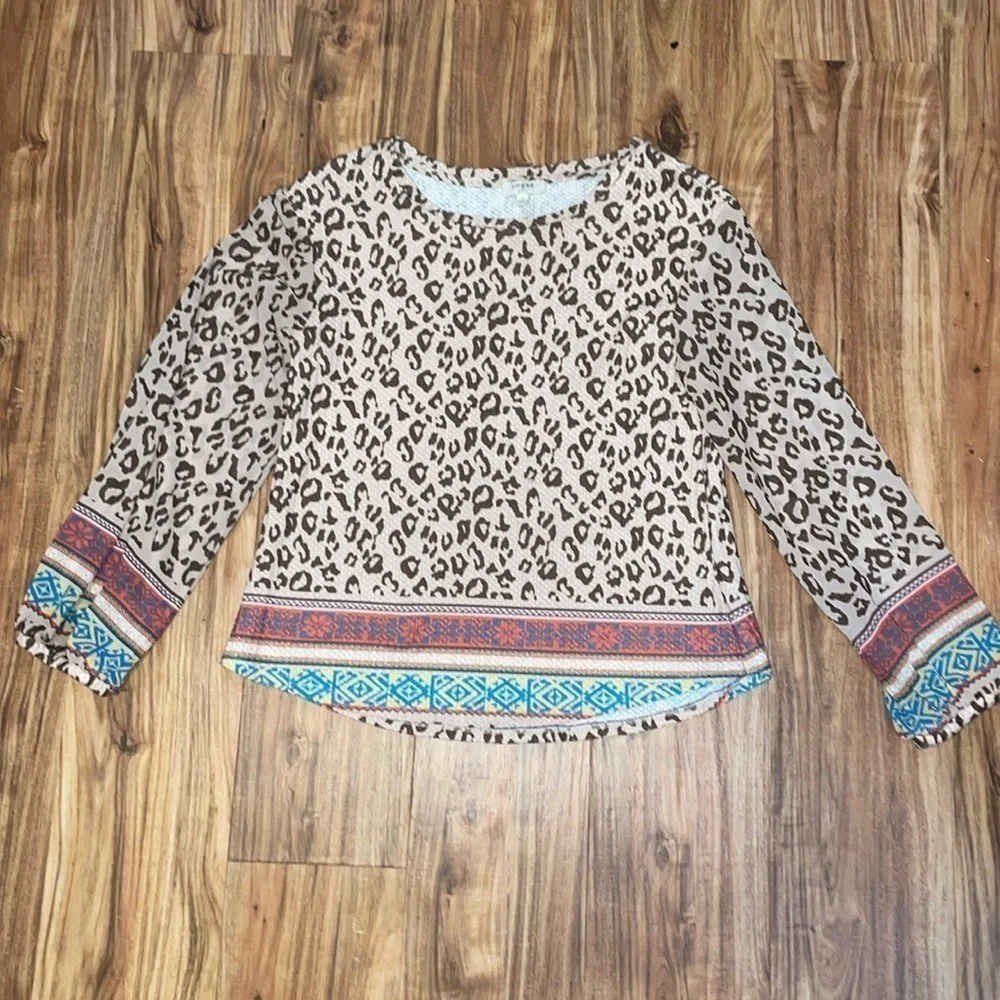 Umgee women’s small top shirt tan brown cheetah western band print long sleeve